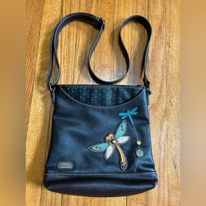 CHALA Dragonfly Black Pebbled Faux Vegan Leather Crossbody Bag Purse Zipper